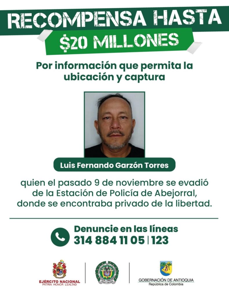 Gobernación ofrece recompensa por información para recapturar prófugo de Abejorral