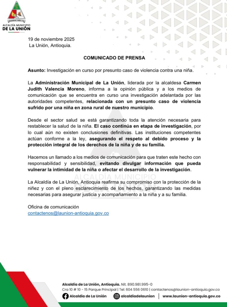 Alcaldía de La Unión se pronunció por presunto ab*so a una menor; está en investigación
