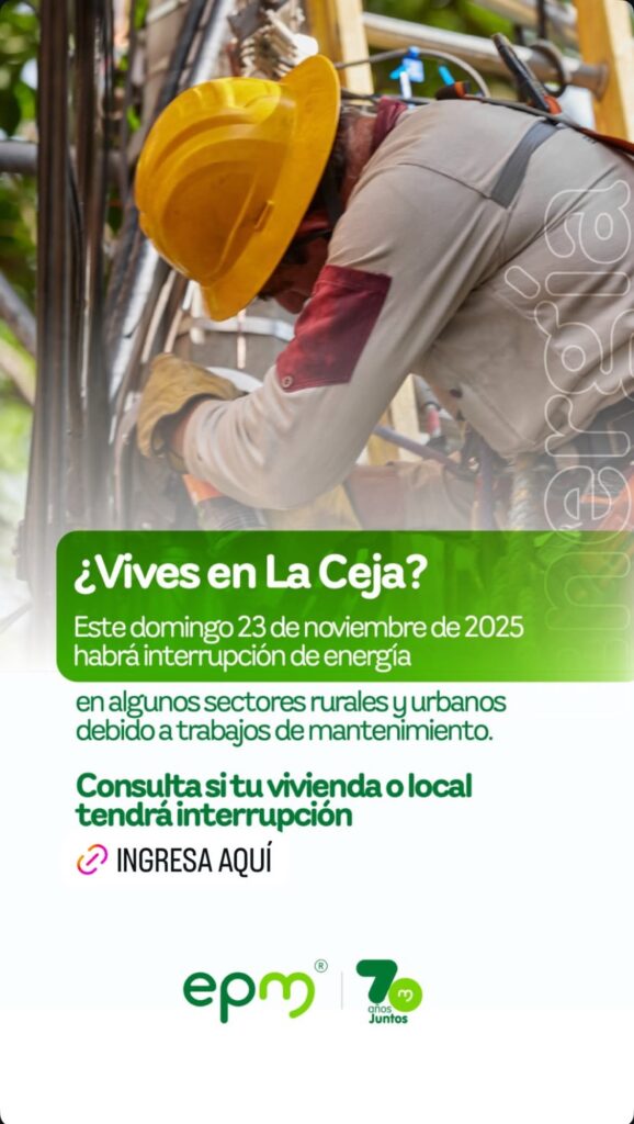EPM anuncia corte de energía en La Ceja este domingo 23 de noviembre