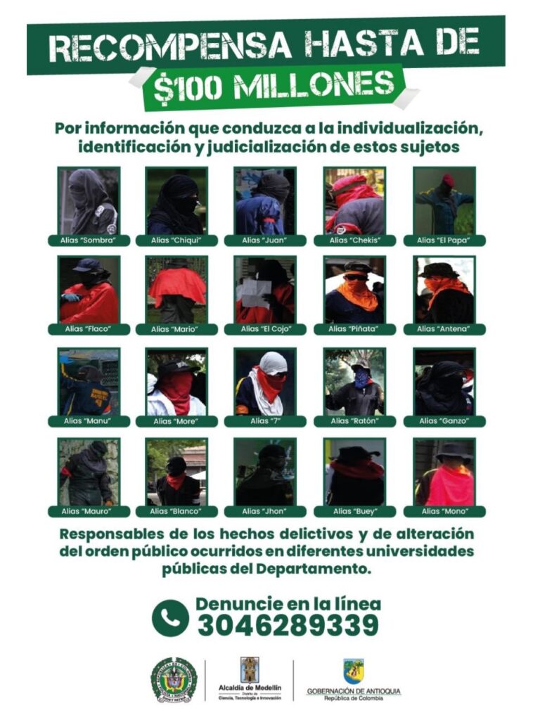 Gobernador de Antioquia publica cartel de los más buscados por delitos contra las instituciones públicas de Medellín