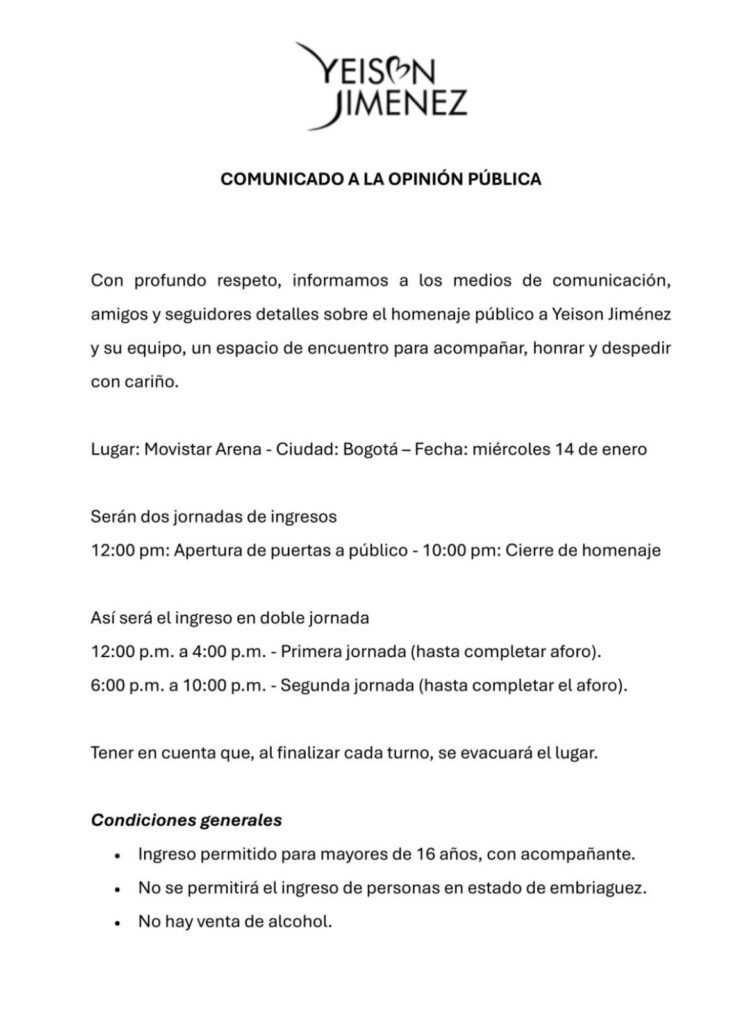 Homenaje a Yeison Jiménez se realizará este 14 de enero