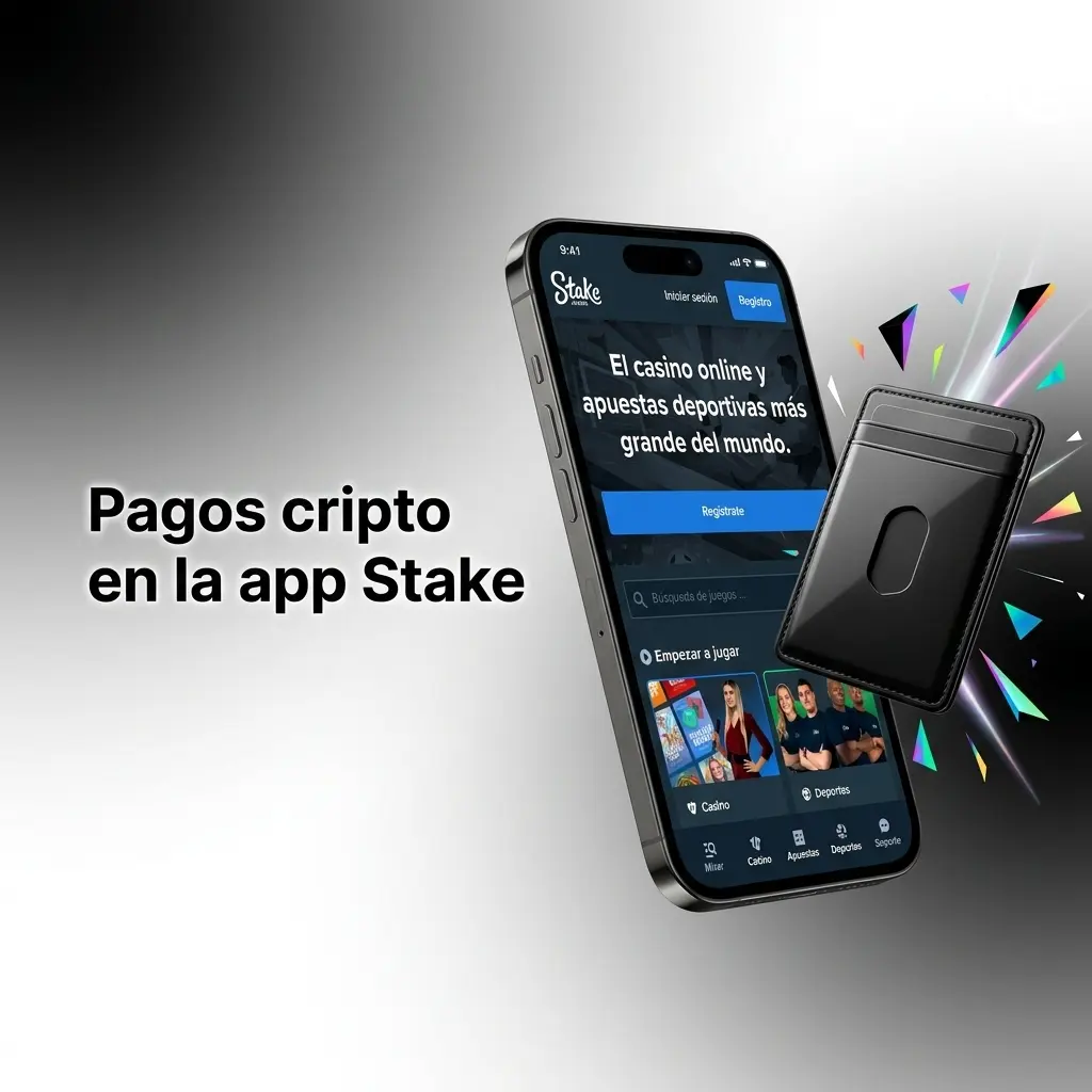 Pagos cripto en la app Stake desde un celular con iconos de criptomonedas