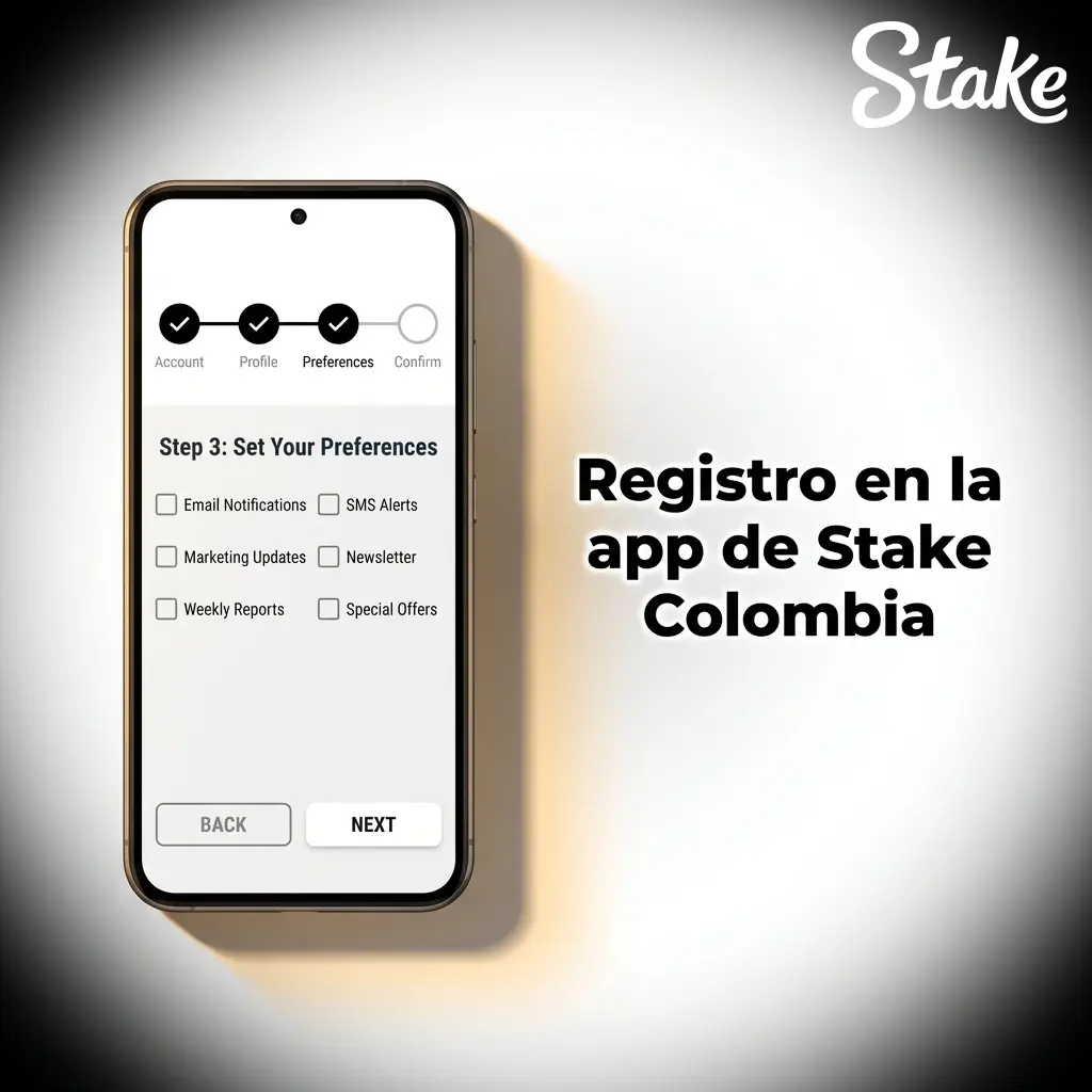 Pantalla de registro en la app de Stake Colombia para crear una cuenta de apuestas en línea