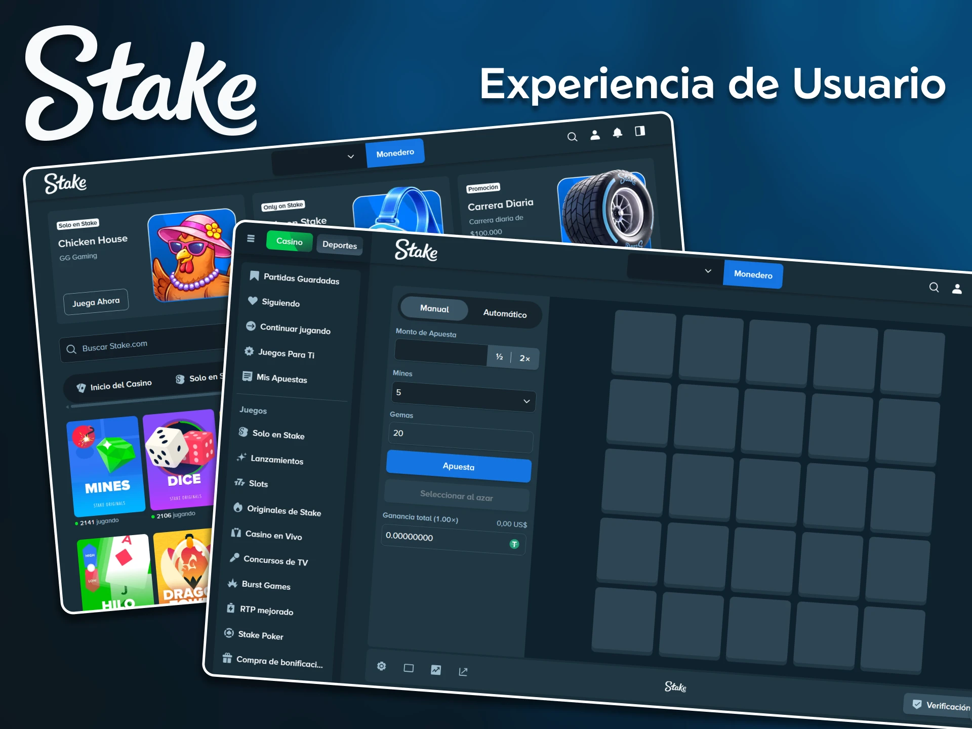 Disfruta de una interfaz fluida, intuitiva y rápida mientras exploras la experiencia de usuario de Mines en Stake.