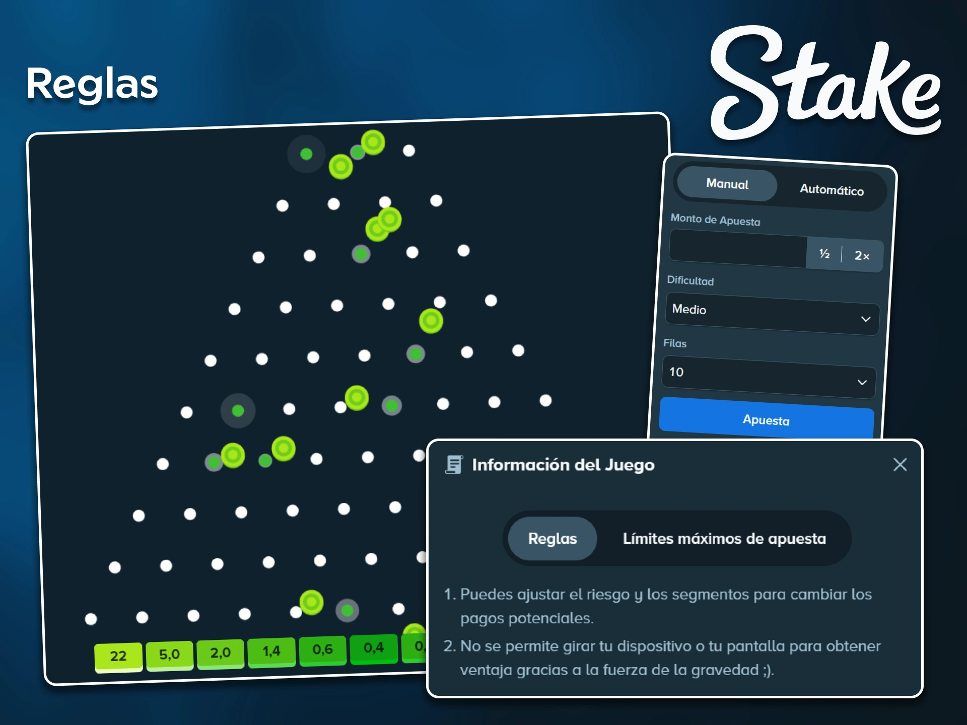Configura las filas y el nivel de riesgo consultando las reglas del juego Plinko en Stake.